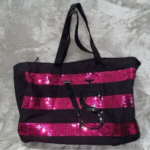 Victoria’s Secret Black Tote Bag Pink Sequin Stripes Logo Shoulder Bag